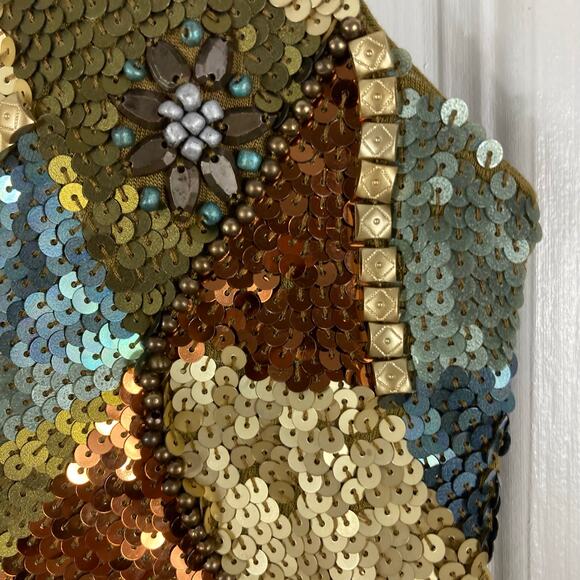 GODDESS OF BABYLON Vest Top S/M Sequins Beaded Gold Button Lined Rayon - Picture 6 of 12